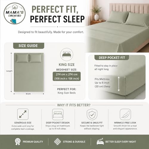 Image of King Size Bed Sheet - 600 Thread Count Single Flat Sheet Only - Long Staple Egyptian Cotton Top Sheet Wrinkle & Fade Resistant - Sage