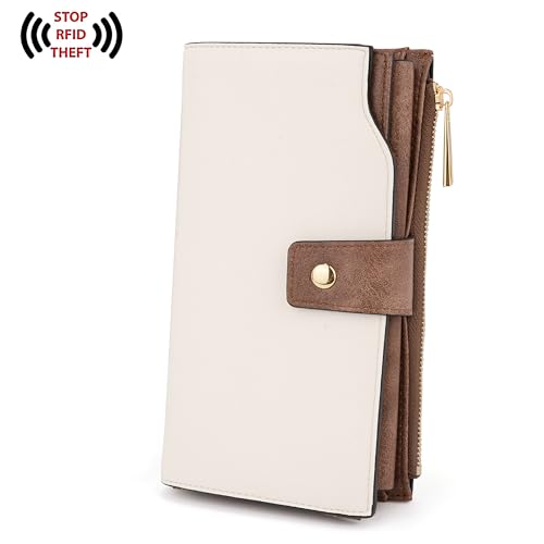 Image of UTO Wallet Women Vegan Leather Wristlet Snap Long Purse Credit Card Holder Elegant Clutch, 0459 Beige with Brown, Large, Compact