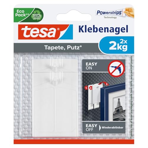 tesa Clou Adhésif pour Papier Peint & Plâtre 2kg - Paquet de 2 Clous Adhésifs et 6 Languettes Adhésives
