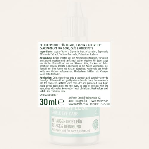AniForte Sanfte Augenpflege 30ml - Augenreiniger für Hunde, Katzen & Kleintiere mit Augentrost, Augentropfen auf natürlicher Basis für das Augenumfeld