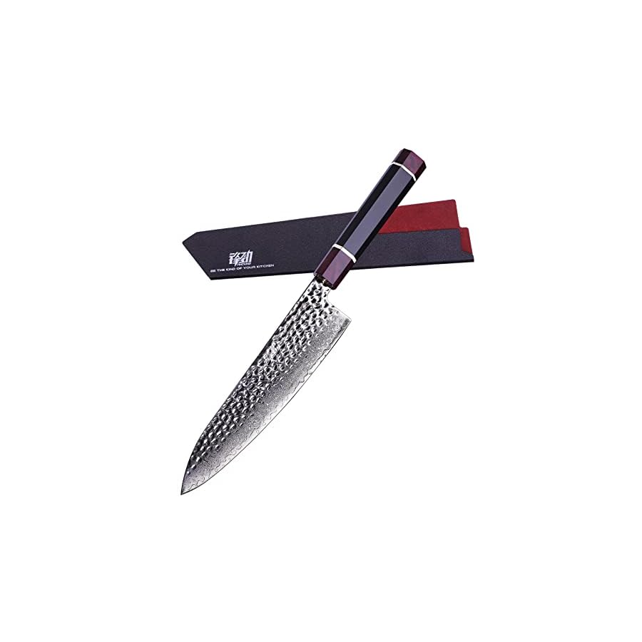 FINDKING Eternity Series Japanese Chef Knife with ABS sheath, Professional Kitchen Knife, 9Cr18MoV Damascus Steel Blade, Resin Octagonal Handle, Sharp, for Meat Cutting, 8 Inches