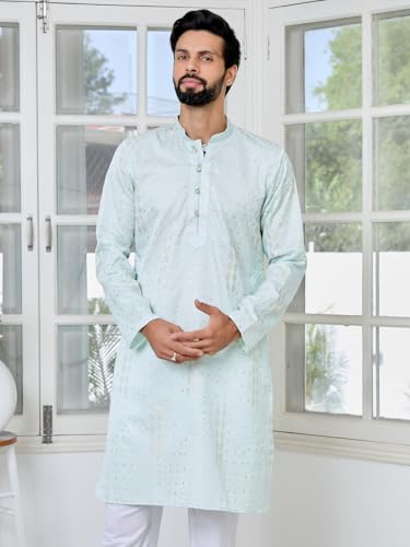 Image of See Designs Men's Full Sleeve Mandarin Collar Floral Embroidered Mandarin Collar Thread Work Straight Long Kurta - Festive Collection
