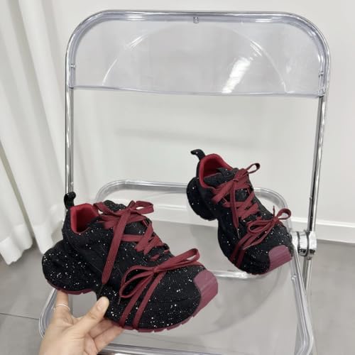 Women Chunky Sneakers, Full Rhinestone Dad Shoes, Thick Sole Height Increasing Bow Tie Straps Girls Shining Footwear 7