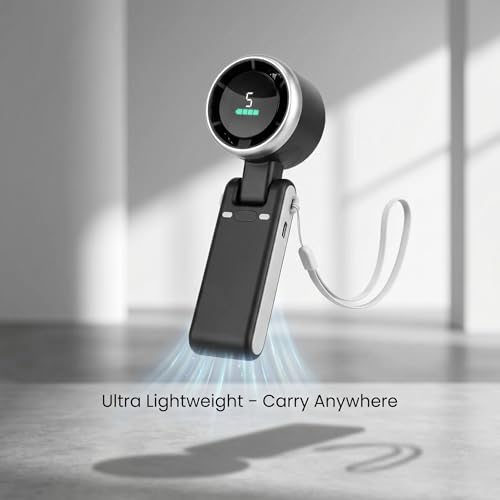 Image of GISMO Portable Handheld Fan with LED Display, 1200mAh USB Rechargeable Mini Fan, 5 Speed Adjustable Turbo Personal Cooling Fan, Foldable Desk Fan for Travel /Office /Outdoor /Home Use - Black
