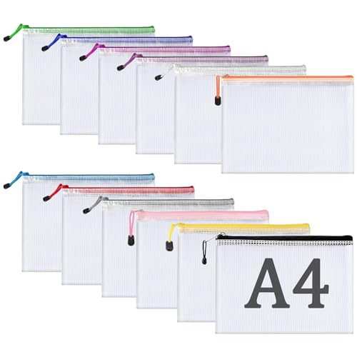 YXHZVON 12 Piezas Bolsa de Archivo de Cremallera A4, Impermeable Bolsas de Documentos de Malla para Certificados Recibos Papelería Oficina Viaje Tarea Escolar