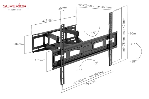 Superior Electronics Supporto TV da Parete Orientabile Full Motion Extra Slim per TV da 37" a 70" - Compatibile VESA 200x200, 300x300, 400x200, 400x400, 600x400 - Carico Massimo 40kg - Tilt +5°/-5 - imagen 3