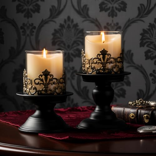 Woparty Gothic Hurricane Candle Holders Black Metal with Glass Sleeve Set of 2 Decorative Pillar Holders 5.9 and 7.9 Inch Height 4 Inch Diameter
