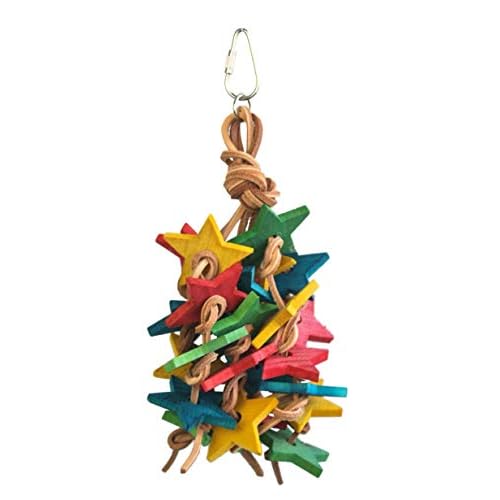 Birds LOVE Wood Stars & Leather Toy for Bird Cage Stand or Playgym, Bird Toys for Small to Medium Parrots, Sun Conures, Green Cheeked Conures, Quakers, Parakeets, Caiques, Cockatiels, African Senegals