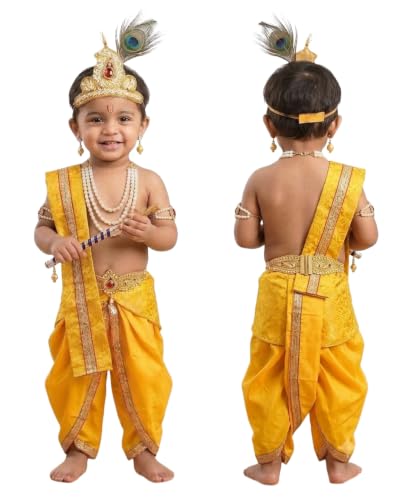 Image of Krishna Dress for Baby Boy Kids Janmashtami Costume | Dhoti & Patka Included, Mukut & Morpankh, Bansuri & Kamarband, Bajuband & Kundal, 8-Piece Set