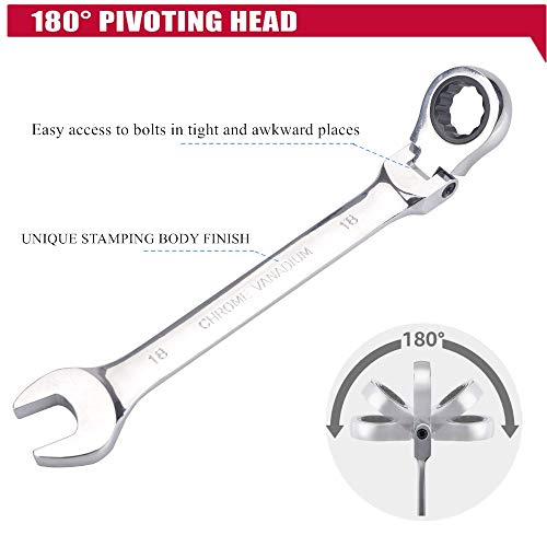 Image of FLZOSPER 18mm Metric Flex-Head Gear Wrench,Box End Head 72-Tooth Ratcheting Combination Wrench Spanner