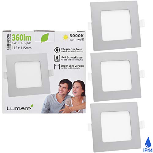 Lumare LED Einbaustrahler 6W 230V IP44 Ultra flach 3er Set Wohnzimmer, Badezimmer Einbauleuchten silber quadratisch 26mm Einbautiefe Mini Slim Decken Spot warmweiß