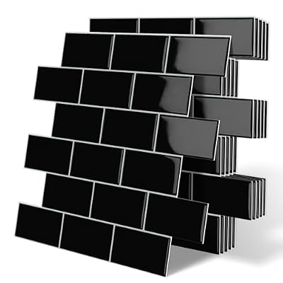 Tiwoos Thick Black Peel and Stick Subway Tile Backsplash Self Adhesive for Kitchen Bathroom Wall (10-Sheet, 12"×12")