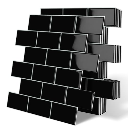 Tiwoos Thick Black Peel and Stick Subway Tile Backsplash Self Adhesive for Kitchen Bathroom Wall (10-Sheet, 12'×12')