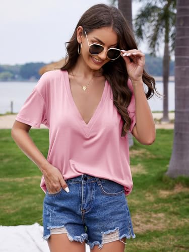 Image of UNCLECAT Womens Deep V Neck T Shirts Summer Oversized Short Sleeve Tops | V Neck, Sexy, Solid, Loose Fit, Casual, Trendy, Going Out, Daily Wear, Workout