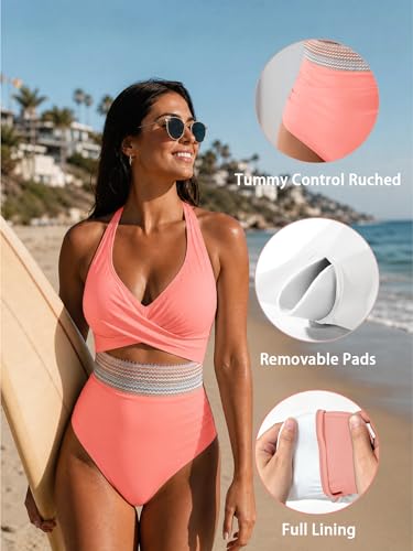 Image of B2prity Women's One Piece Swimsuit Tummy Control High Waisted Bathing Suit | Color Block,Removable Soft Cups,Cutout,V neck,Full Coverage,Adjustable Criss Cross Straps,Tie Back