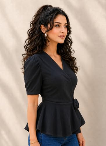 Image of IUGA Women Black Wrap Peplum Top for Women | Puff Half Sleeves V-Neck Casual Western Top | Stylish Regular Fit Tops for Girls