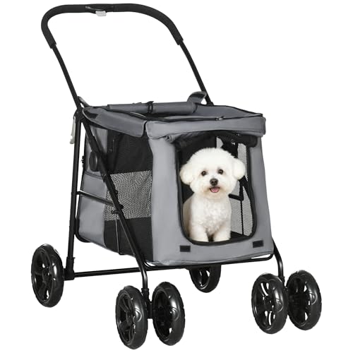 PawHut Hundewagen, Faltbarer Hundebuggy, Hundetrolley mit Kissen, Katzenbuggy bis 20 kg, Katzenwagen für kleine und mittelgroße Hunde mit Seitentaschen, Netzfenster, Oxford-Gewebe, Grau