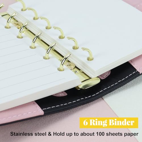 Image of MultiBey Mini A7 Budget Planner Binder, 6-Ring Refillable Notebook Cover | Aesthetic black PU leather loose leaf organizer with zipper pocket & pen. Portable folder notebook for budgeting and planning