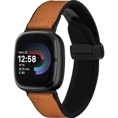 Correas magnéticas de cuero compatibles con Fitbit Versa 4/Fitbit Versa 3/Sense 2/Sense 1, correa de cuero genuino de repuesto para mujeres y hombres (marrón claro)