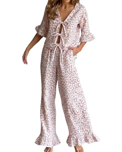 Image of codcm Womens Cotton Pajama Set Ruffle 2 Piece Tie Front Shirt and Long Pants Cute Printed Sleepwear