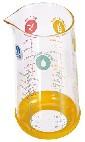 Pebbly - Verre Mesureur en Verre - 500 ml - Avec Base Silicone Antidérapante et Bec Verseur - 4 Mesures de Liquides (ml, cl, dl, L) Facilite les Conversions -...