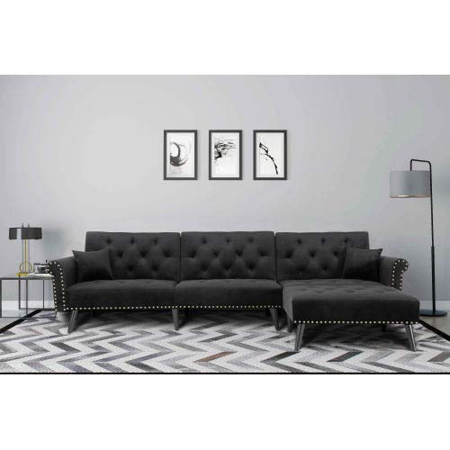NOUVCOO Button Velvet Tufted Convertible Bed with 2 Pillows, Reversible Chaise, Sofa L Shape Sectional Couch Sleeper for Living Room Furniture Set, Black
