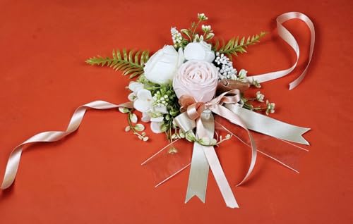 Image of SATYAM KRAFT 1 Pcs Handmade Artificial Rose Floral Brooch with Satin Ribbon - Premium Wedding Corsage for Groom, Bridesmaid, Engagement, Reception, Gift Decoration