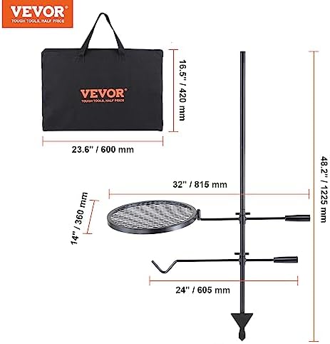 VEVOR Swivel Campfire Grill, Fire Pit Grill Grate over Fire Pits, Heavy Duty Steel Grill Grates, 360° Adjustable Open Fire Outdoor Cooking Equipment, Portable Camp Fire Racks for Camping Outdoor BBQ