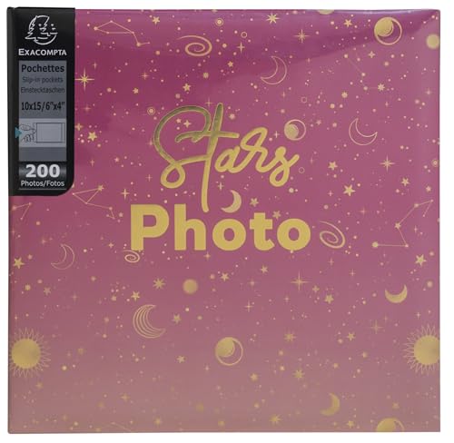 Exacompta - Réf. 62112E - Album photos à pochettes MOON - 200 photos 10x15cm - 100 pages - format 22,5 x 22 cm - couverture de couleur rose protégée par un...
