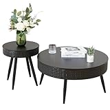 Modern Farmhouse Round Coffee Table Set of 2, Iron Rattan Coffee End Table with Hidden Storage Basket, 29.1” Nesting Side Table for Living Room, Balcony, Patio, Swimming Pool (Black 1)