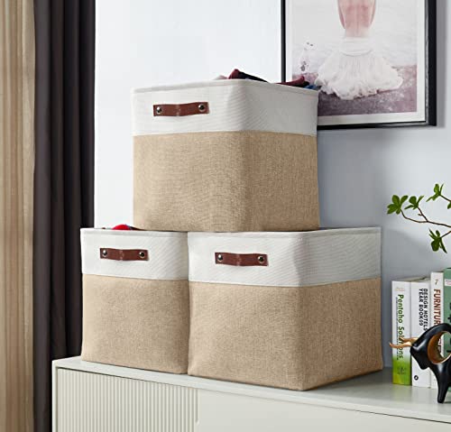 Image of DECOMOMO Foldable Storage Bin Collapsible Sturdy Cationic Fabric Storage Basket Cube W /Handles for Organizing Shelf Nursery Home Closet (Beige and White, Medium - 11 x 11 x 11-4 Pack)