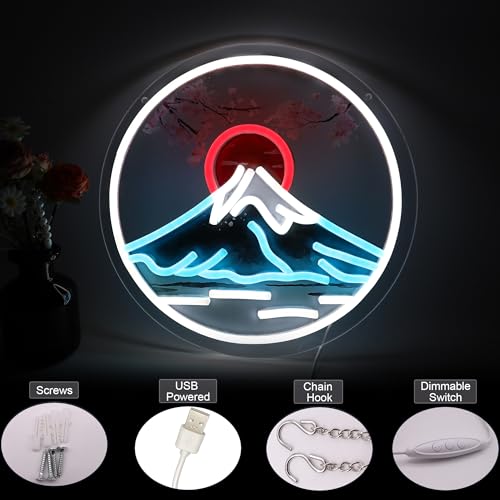 Image of Mount Fuji Sunrise LED Neon Sign with Cherry Blossom, Japanese Sakura Style Wall Decor, USB Powered Neon Light for Bedroom, Living Room & Aesthetic Home Decor Holiday Birthday Gifts
