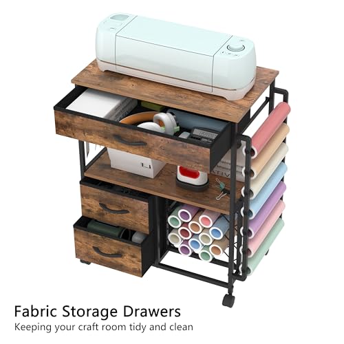 Image of VENNQD Storage Cart Compatible with Cricut Machines Stand Cutting Machine Stand with Drawers and Vinyl Roll Holder Rolling Craft Cabinet Table for Cricut Craft Workstation (Rustic Brown)