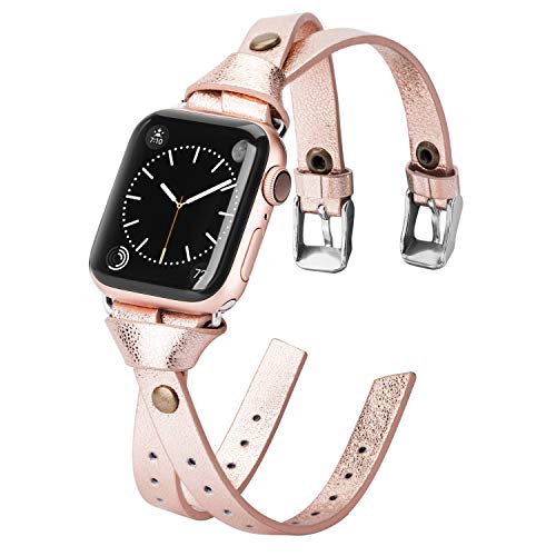 Minyee Leather Bands Compatible with Apple Watch 38mm for iWatch SE Womens Double Knotted Fasten 40mm Wristband Sleek Rose Gold Strap Unique Rivet Bracelet Series 6 5 4 3 2 1 (38mm/40mm, RGOLDE)