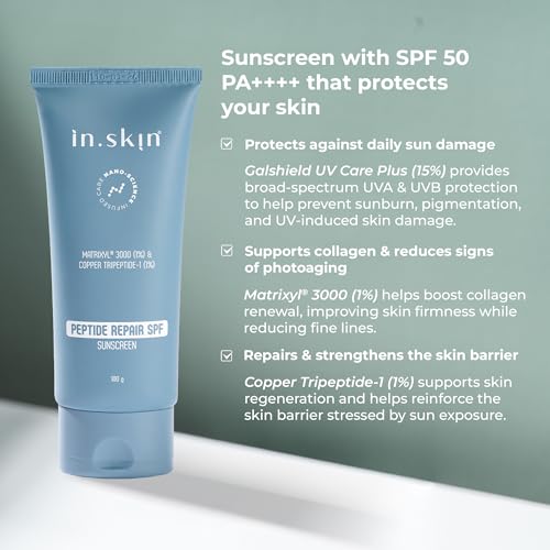 Image of in.skin Peptide Repair SPF 50 PA++++ Sunscreen | Broad Spectrum UV Protection with Matrixyl 3000 & Copper Peptide | Lightweight, Non-Greasy |For Oily, Acne-Prone & Sensitive Skin (100 gm)
