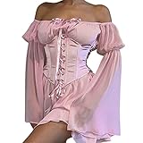 Women Off Shoulder Mesh Mini Dress Long Puff Sleeve Bell Sleeve A-line Swing Dress + Corset (S, #1-Pink Dress)