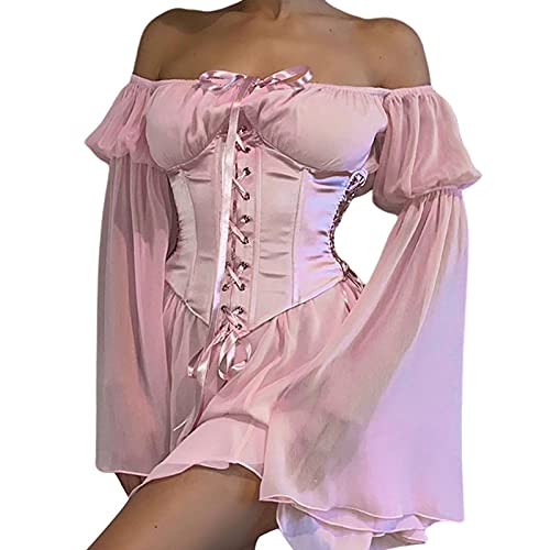 Niceyoeuk Schulterfreies Damenkleid aus Netzstoff, unregelmäßig, Rüschenkleid, Schnürung, lange Puffärmel, Swing-Kleid ohne Bustier, C-pinkes...