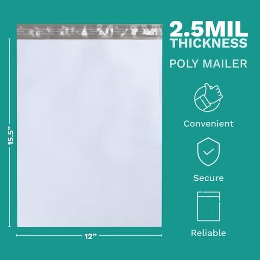 12" X 15.5" Large Poly Mailers, 200 Count White Polymailer Shipping Envelopes for Clothes 2 Mil Unpadded Waterproof Opaque Self-Seal Poly Bags with Tear/Puncture Proof Adhesive Strip