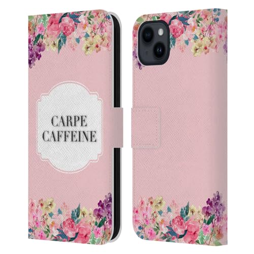 Head Case Designs Licenciado Oficialmente Monika Strigel Cafeína Carpe Flores Y Citas Carcasa de Cuero Tipo Libro Compatible con Apple iPhone 15 Plus