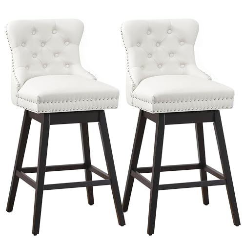Image of White Leather Swivel Bar Stools Set of 2 with Back, 26 Inch Counter Height Chairs, Solid Wood Legs, Tufted Seat, Comfortable and Stylish for Kitchen, Island, Home Bar(White, 2 Pack, 26 inch H)