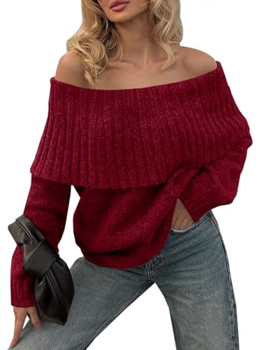 Image of Saodimallsu Womens Off The Shoulder Sweaters Oversized Long Sleeve Loose Ribbed Knit Fall Trendy Pullover Tops
