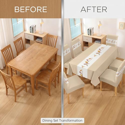 Image of Styleys Polyester Dining Chair Cover with Table Covers for Kitchen Waterproof Dining Rectangular Table Cloth (1 Table Cover + 6 Chair Cover, Beige Bird, K731)