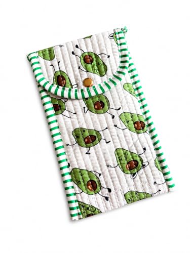 Image of Avocado & Green Floral Block Print Cotton Quilted Mobile Sling Pouch for Women | Handcrafted Crossbody Phone Bag, Gift for Her | Striped Strap, Brass Snap Button & Zip Pocket, India Handmade