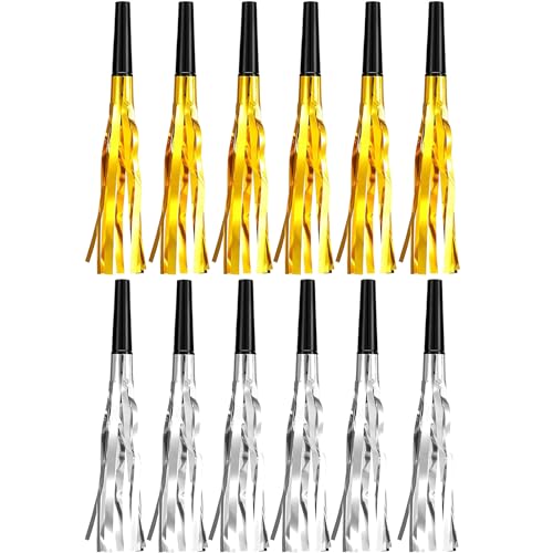 Uniticber 12 Pieces Gold Silver Noise Makers Glitter Noise Makers Metallic Fringed Party Blowers for Adults Birthday Graduation Sporting Events New Years Eve Party Supplies 2025