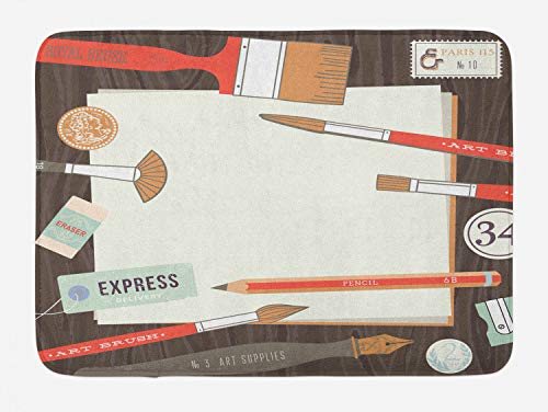 Ambesonne Art Bath Mat, Eraser Royal Brush Pencil Sharpener and Stamp Palette Painters Materials ing, Plush Bathroom Decor Mat with Non Slip Backing, 30.2