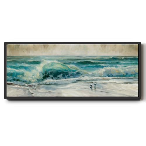Renditions Gallery Floater Framed Art For Home Depicts Ocean Waves Artwork Wall Decoration for Bedroom Lounge Office Kitchen - 12"x30" Black Frame LT617