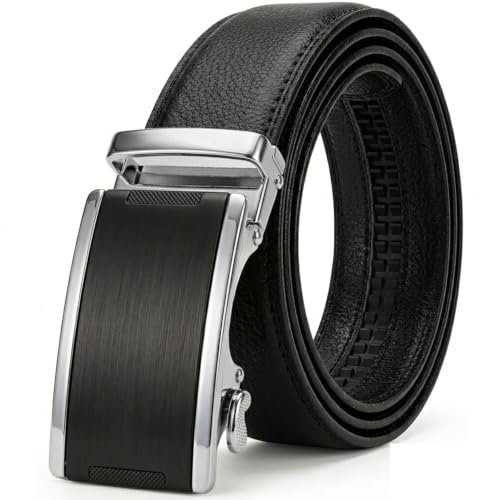 Image of JINIU Men's Ratchet Belt Buckle, Black Genuine Leather Slide Belt for Men Dress Suit, Micro Adjustable Trim to Fit Boxed