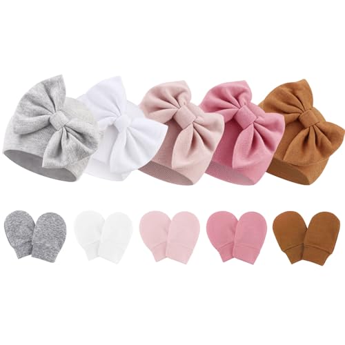 Image of Newborn Baby Hats and Mittens Set Infant Bow Beanie Cap Toddler Gloves Newborn Hospital Hats for Baby Boy Girl 0-6 Months