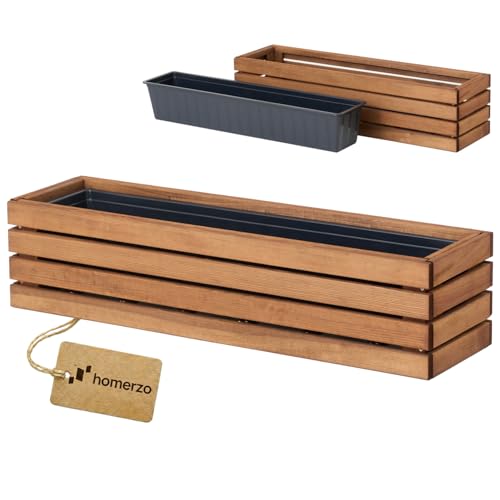 HOMERZO Jardinera de madera rectangular – marrón impregnada, con inserto de plástico extraíble – Maceta para balcón, jardín y terraza (Horizontal-marrón, 86x23 H20)
