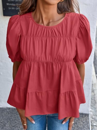 Image of Tankaneo Womens Puff Sleeve Peplum Babydoll Tops Summer Flowy Pleated Cotton T-Shirts Casual Loose Fit Cute Blouse